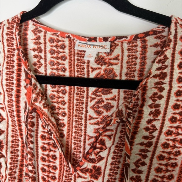 Knox Rose Ruffle Short-Sleeve A-Line Dress in orange, brown, and white paisley - Picture 5 of 8